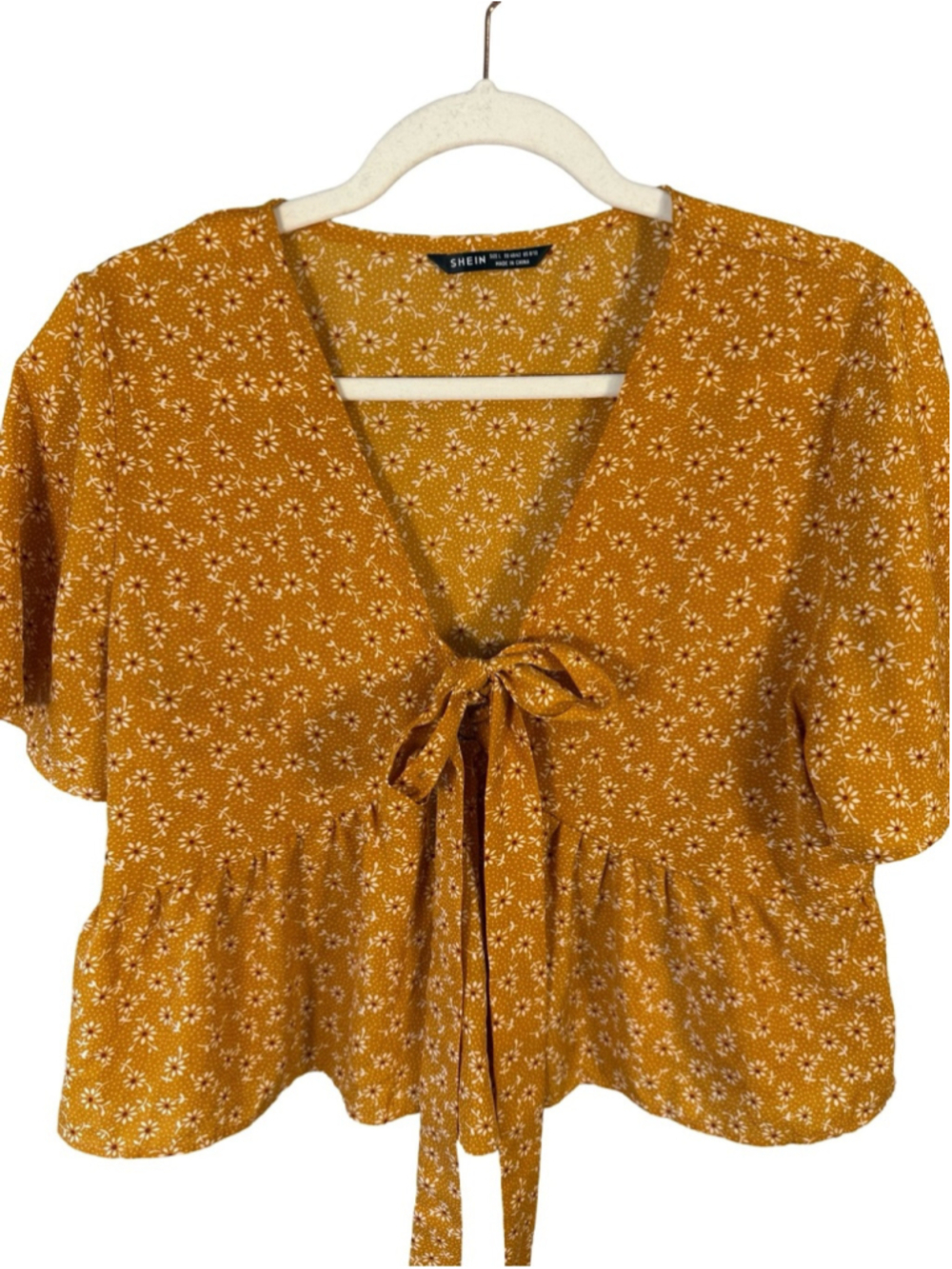 SHEIN Mustard Floral Tie-Front Peplum Blouse Size L Cottagecore Boho Western - Picture 9 of 11